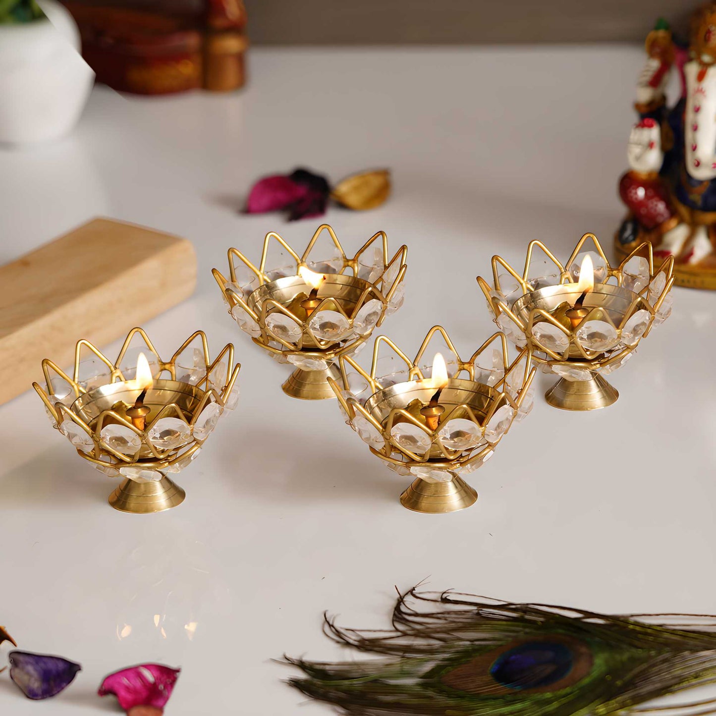eCraftIndia Set of 4 Lotus Shape Crystal Tea Light Holder (Diya)