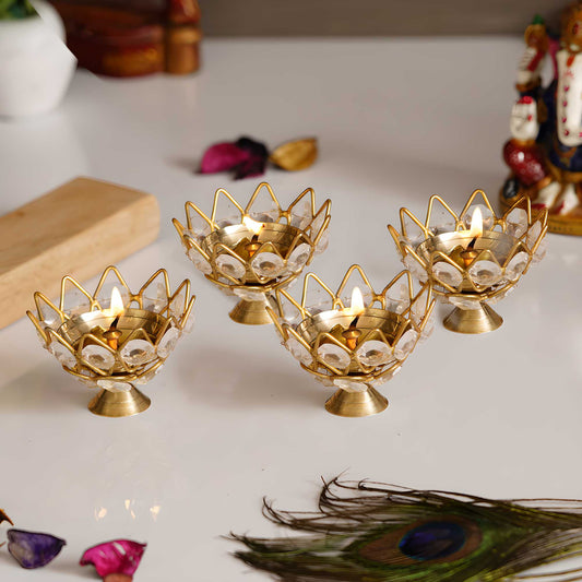 eCraftIndia Set of 4 Lotus Shape Crystal Tea Light Holder (Diya)